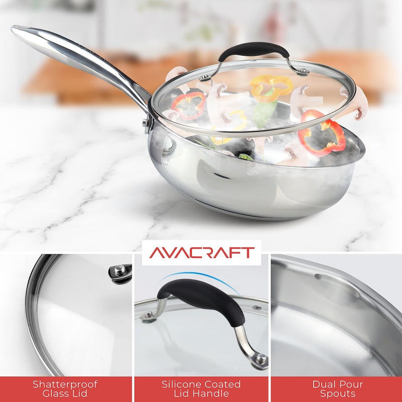 AVACRAFT 18/10 8 Inch Stainless Steel Frying Pan with Lid, Side Spouts, Induction Pan, Versatile Stainless Steel Skillet, Fry Pan in our Pots and Pans (Stainless Steel, 8 Inch) - Image 4